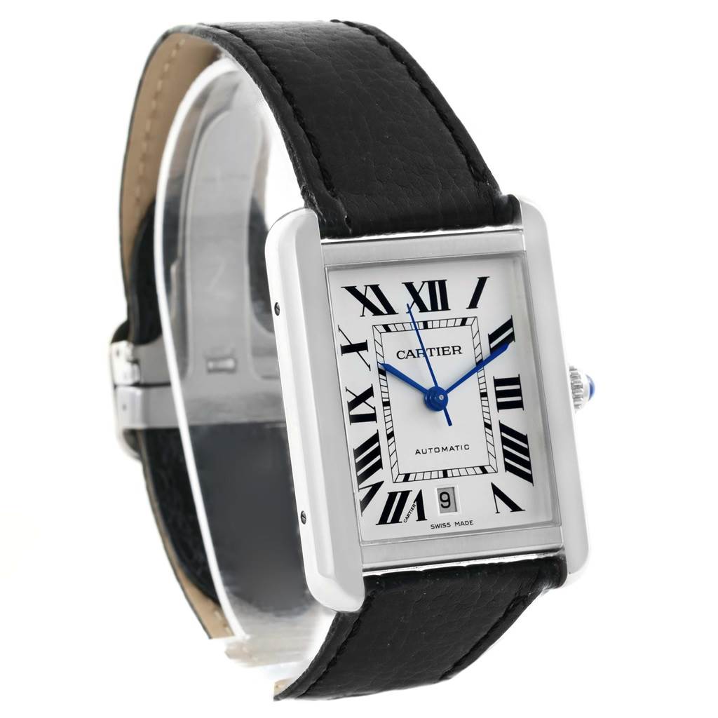 The Cartier Tank Solo W5200027 Men
s Stainless Steel Silver Dial W5200027 Men
s Stainless Steel Silver Dial watch is shown at a slight angle, displaying the dial, case, crown, and black leather strap.