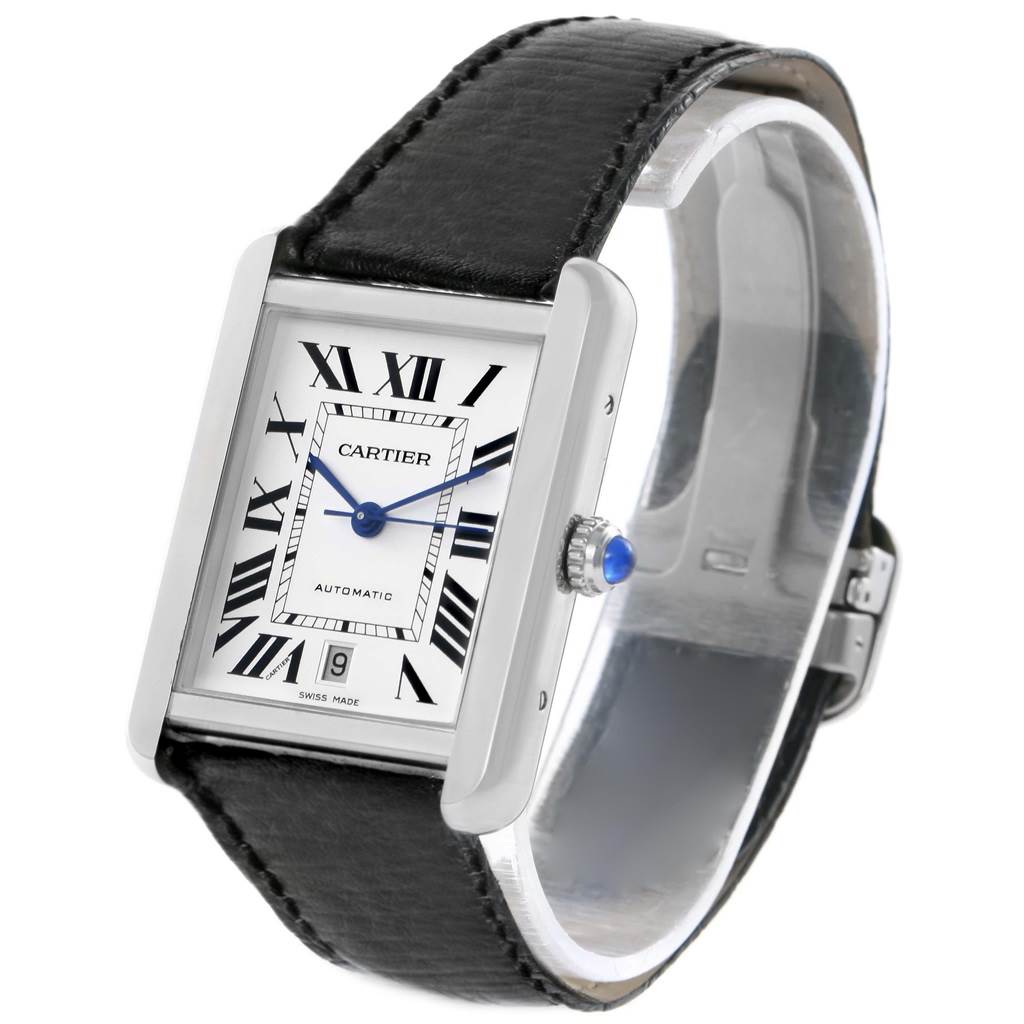 The image shows a Cartier Tank Solo W5200027 Men
s Stainless Steel Silver Dial W5200027 Men
s Stainless Steel Silver Dial watch at a slight angle, highlighting its rectangular face, black leather strap, and blue spinel cabochon crown.
