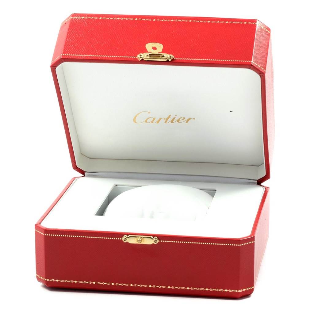 The image shows an open red watch box for the Cartier Tank Solo W5200027 Men
s Stainless Steel Silver Dial W5200027 Men
s Stainless Steel Silver Dial model, displaying the Cartier branding inside the lid.