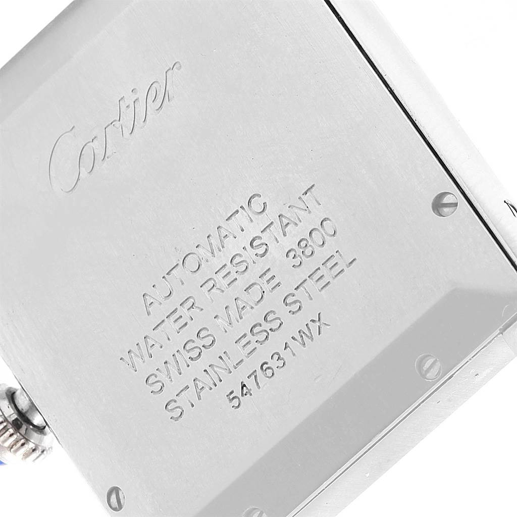 The image shows the engraved back of a Cartier Tank Solo W5200027 Men
s Stainless Steel Silver Dial W5200027 Men
s Stainless Steel Silver Dial watch with model information and branding.