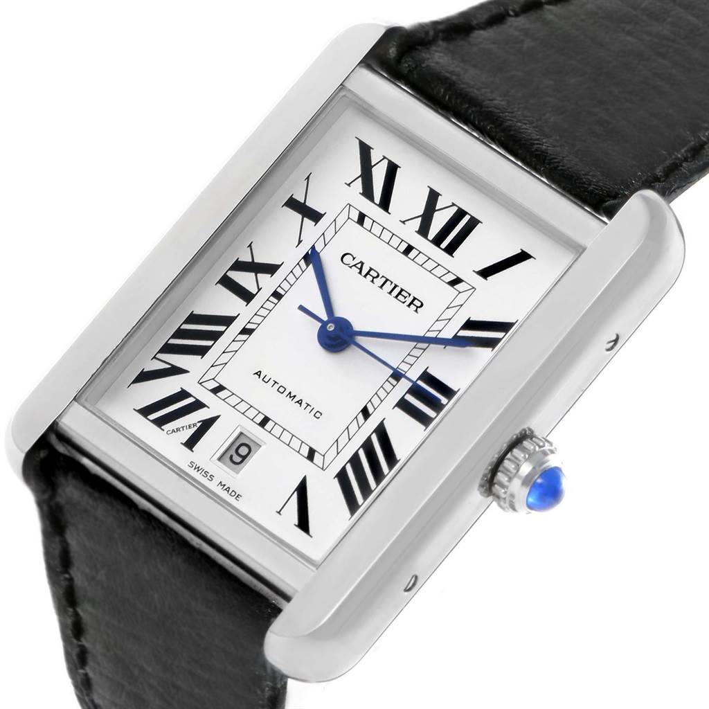 The image shows a close-up of the Cartier Tank Solo W5200027 Men
s Stainless Steel Silver Dial W5200027 Men
s Stainless Steel Silver Dial watch, highlighting its face, crown, and part of the leather strap.