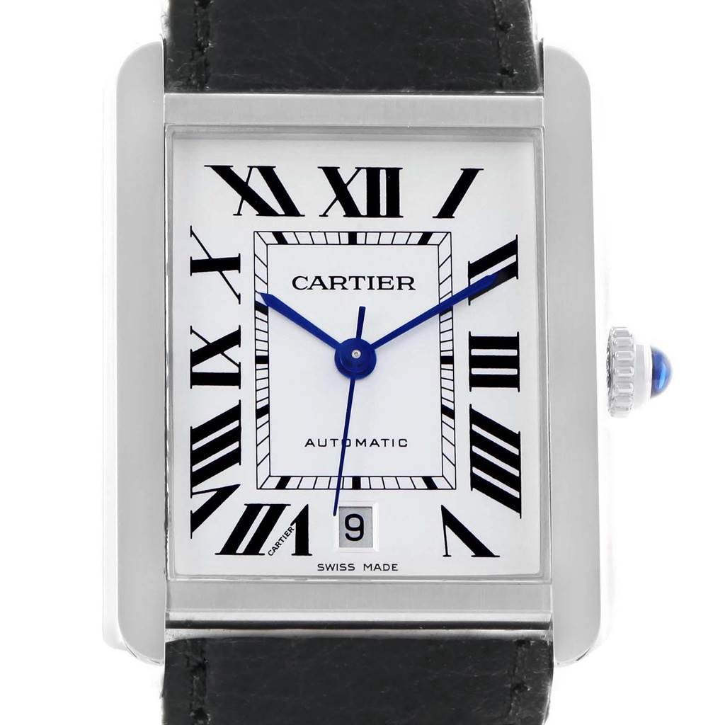 The image shows a front view of the Cartier Tank Solo W5200027 Men
s Stainless Steel Silver Dial W5200027 Men
s Stainless Steel Silver Dial watch, featuring its rectangular face, blue hands, Roman numerals, and a leather strap.