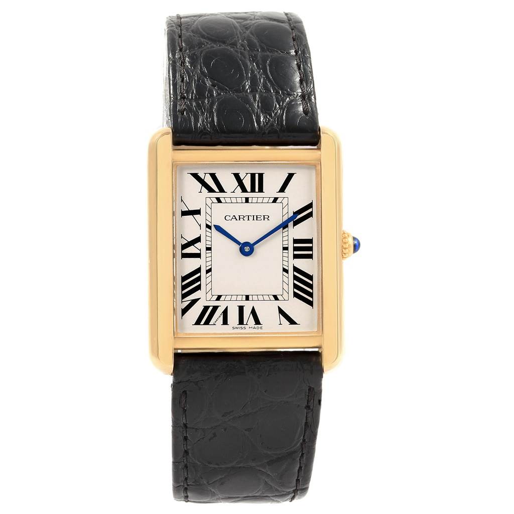The image shows a front view of a Cartier Tank Solo W1018855 Men
s Steel and Gold (two tone) Silver Dial W1018855 Men
s Steel and Gold (two tone) Silver Dial watch with a black leather strap and gold rectangular case.