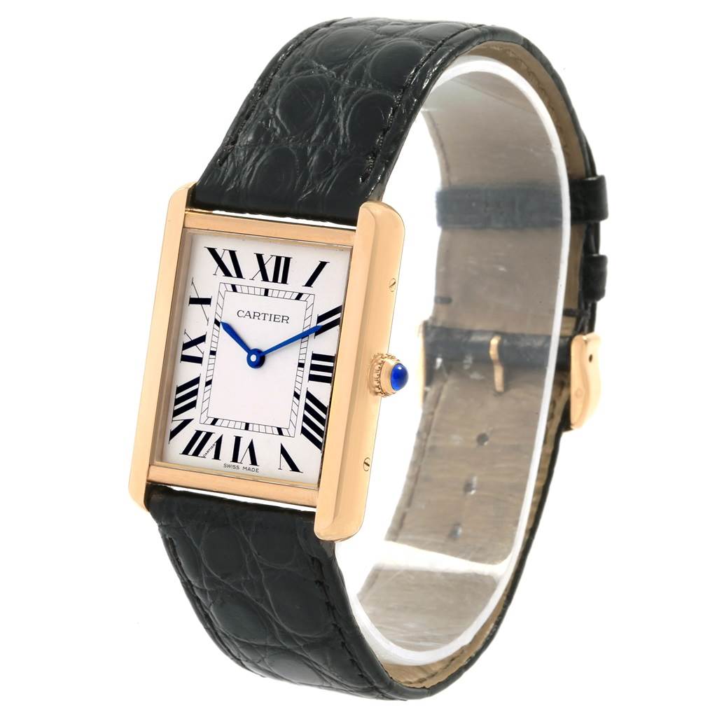 The image shows a Cartier Tank Solo W1018855 Men
s Steel and Gold (two tone) Silver Dial W1018855 Men
s Steel and Gold (two tone) Silver Dial watch at a three-quarter angle, highlighting the rectangular face, Roman numerals, and black leather strap.