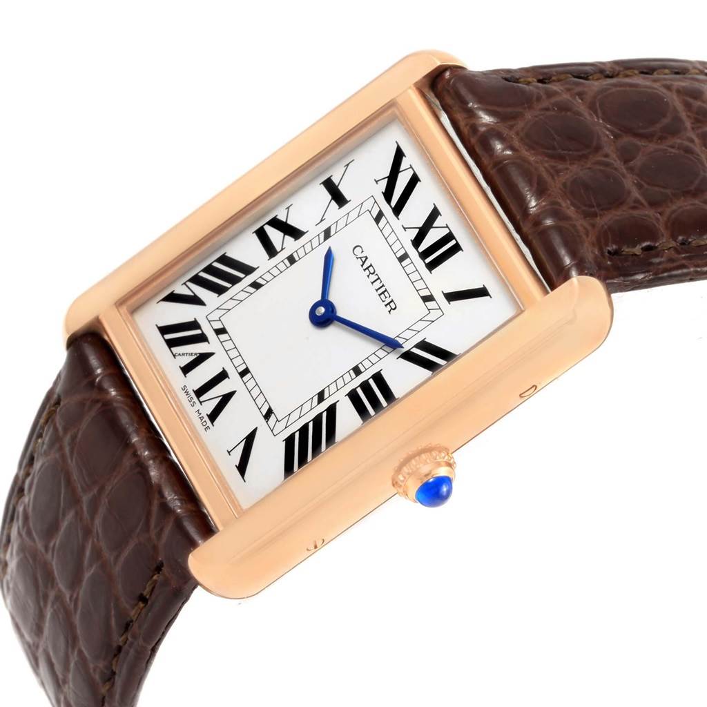 The image shows a Cartier Tank Solo W5200025 Men
s Steel and Gold (two tone) Silver Dial W5200025 Men
s Steel and Gold (two tone) Silver Dial watch at a slight angle, displaying its rectangular face, brown strap, and blue hands.