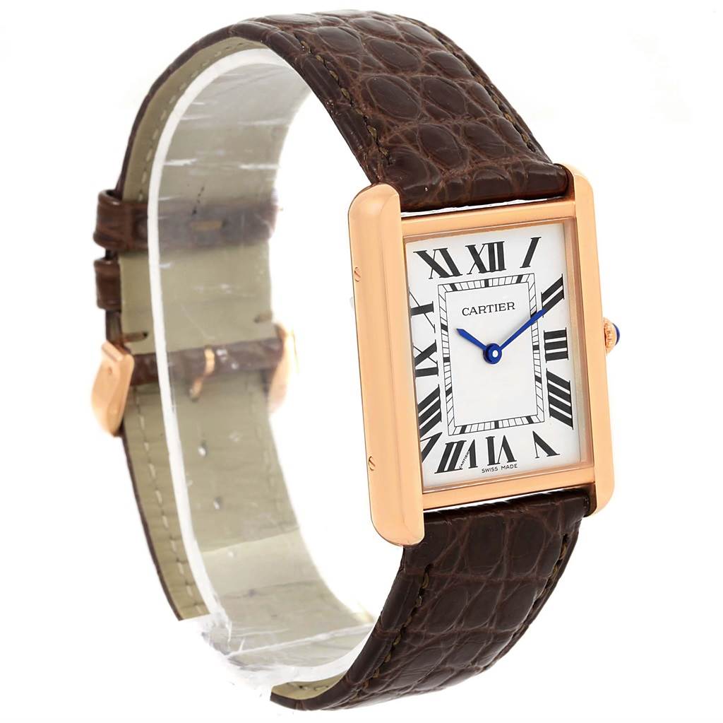 The Cartier Tank Solo W5200025 Men
s Steel and Gold (two tone) Silver Dial W5200025 Men
s Steel and Gold (two tone) Silver Dial watch is angled to show its face, Roman numerals, and brown leather strap.