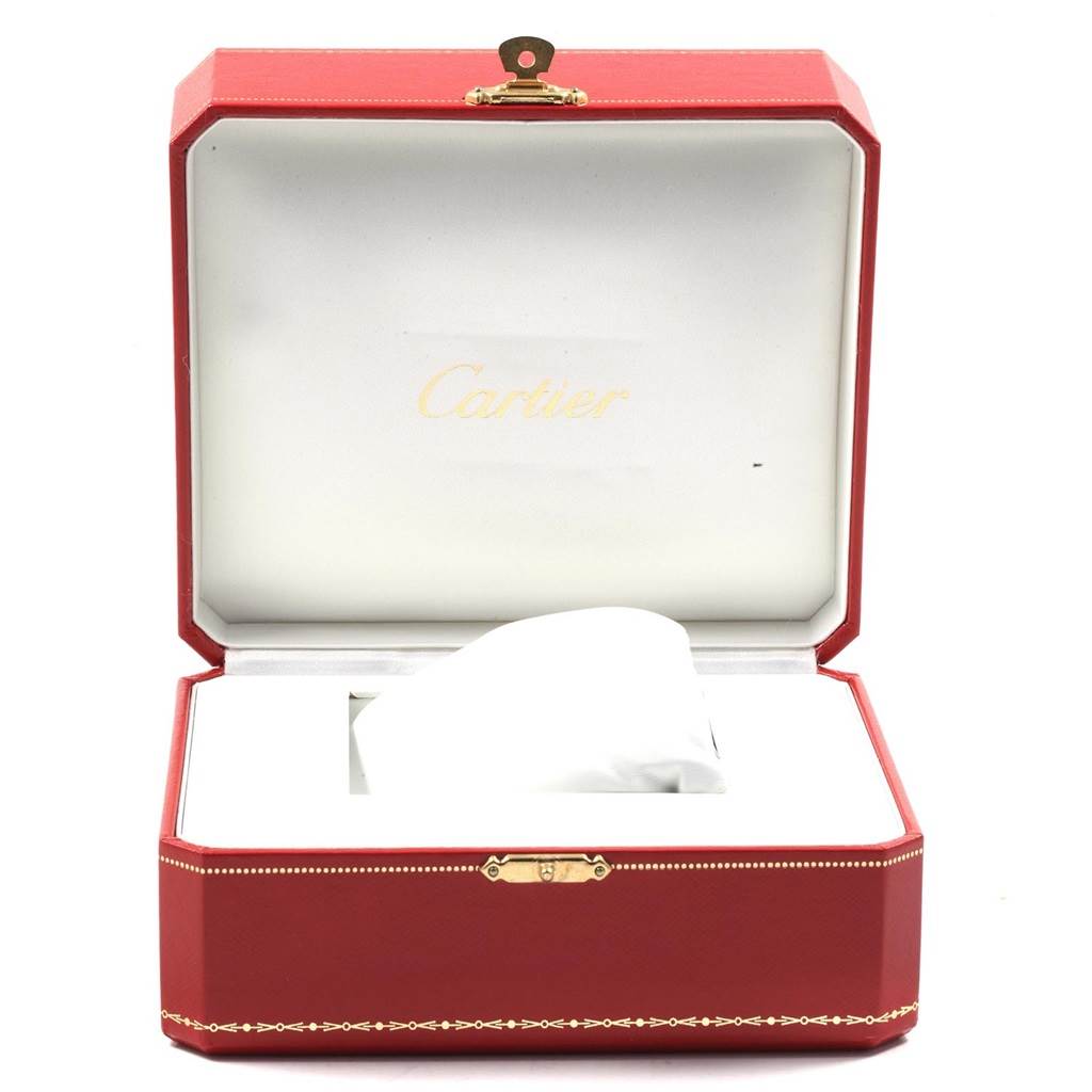 The image shows an open red Cartier box for the Tank Solo model watch, with the cushion inside.