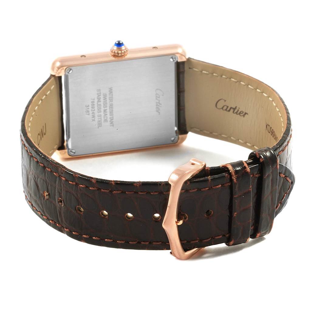 The image shows the back, strap, and buckle of the Cartier Tank Solo W5200025 Men
s Steel and Gold (two tone) Silver Dial W5200025 Men
s Steel and Gold (two tone) Silver Dial watch at an angled rear view.