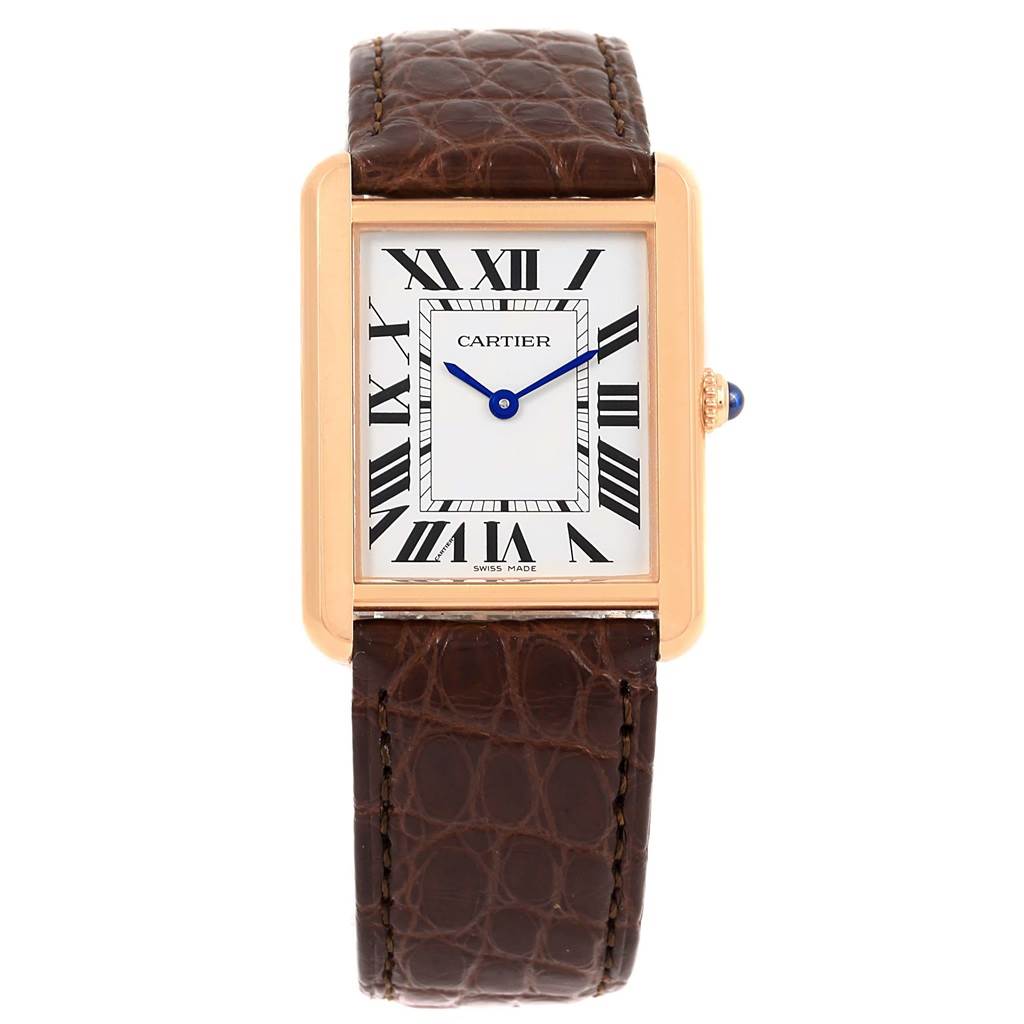 The image shows a Cartier Tank Solo W5200025 Men
s Steel and Gold (two tone) Silver Dial W5200025 Men
s Steel and Gold (two tone) Silver Dial watch from the front, displaying its face, Roman numerals, and leather strap.