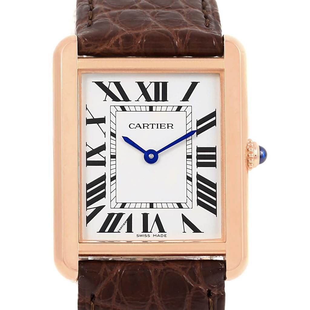 The image shows a frontal view of a Cartier Tank Solo W5200025 Men
s Steel and Gold (two tone) Silver Dial W5200025 Men
s Steel and Gold (two tone) Silver Dial watch, detailing the dial, leather strap, and crown.