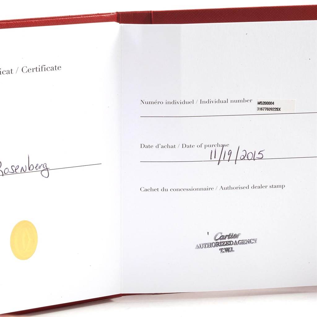 The image shows the certificate of authenticity and purchase details for the Cartier Tank Solo W1018855 Men's Steel and Gold (two tone) Silver Dial W1018855 Men's Steel and Gold (two tone) Silver Dial watch.