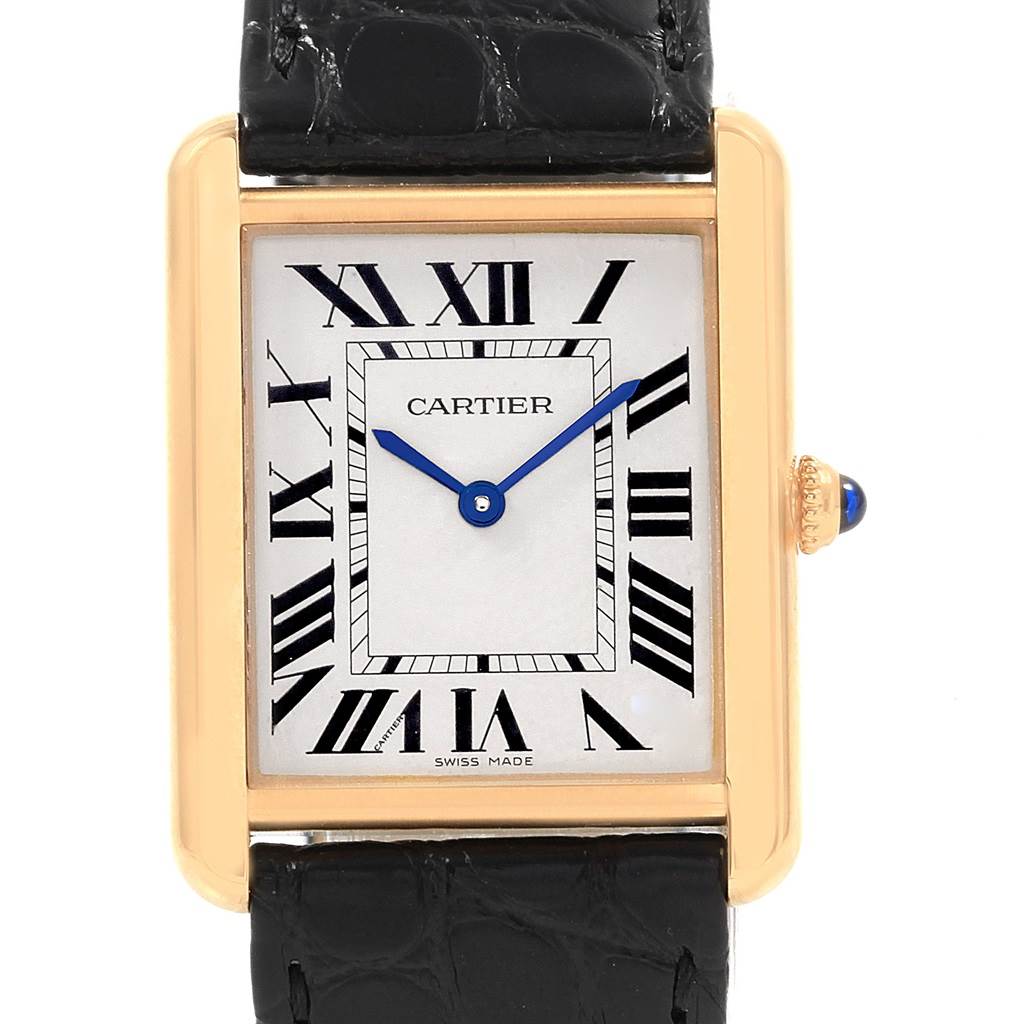 The image displays a front view of a Cartier Tank Solo W1018855 Men's Steel and Gold (two tone) Silver Dial W1018855 Men's Steel and Gold (two tone) Silver Dial watch, showing the face, bezel, crown, and a portion of the strap.