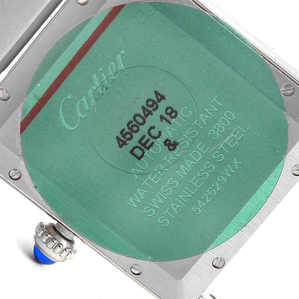 The image shows the back case and crown of a Cartier Tank Solo W5200028 Men
s Stainless Steel Silver Dial W5200028 Men
s Stainless Steel Silver Dial watch at an angle.