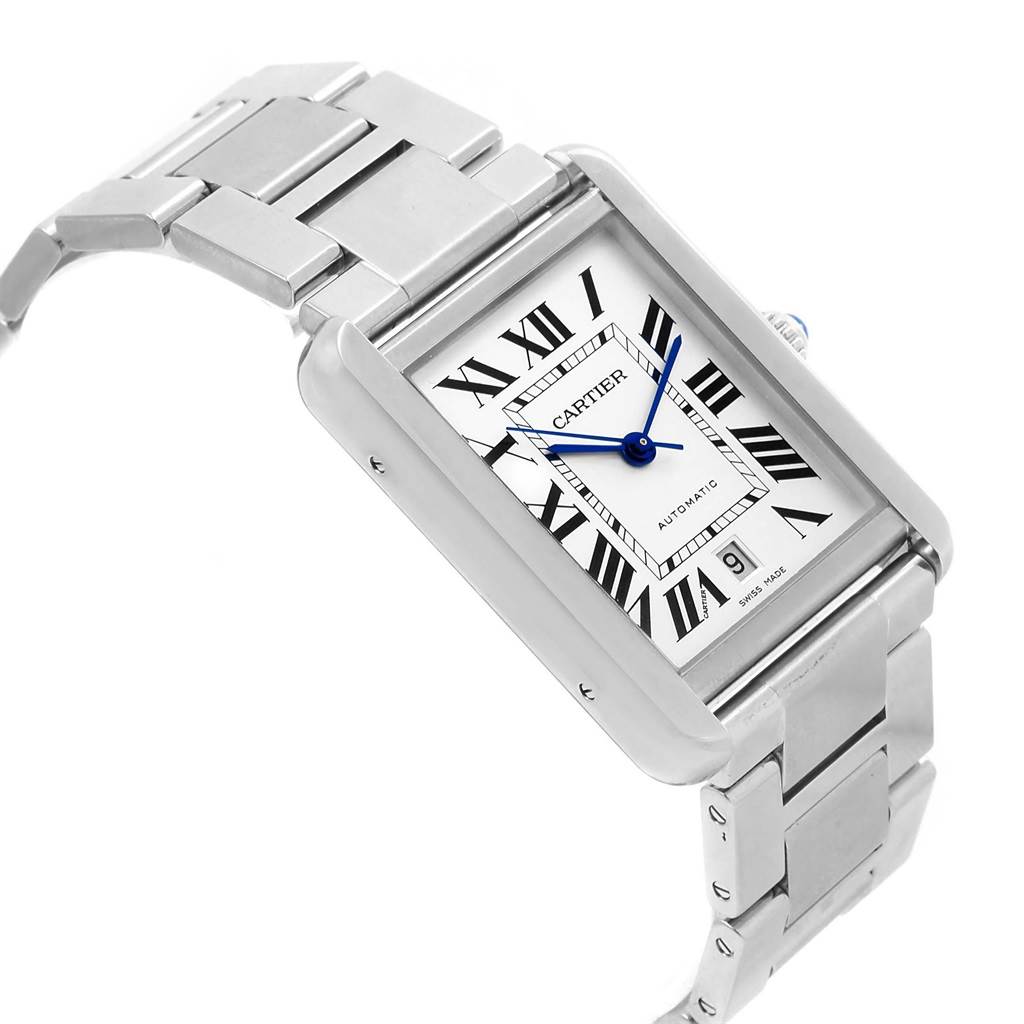 The image shows a Cartier Tank Solo W5200028 Men
s Stainless Steel Silver Dial W5200028 Men
s Stainless Steel Silver Dial watch angled to display its rectangular face, Roman numerals, and metal bracelet band.