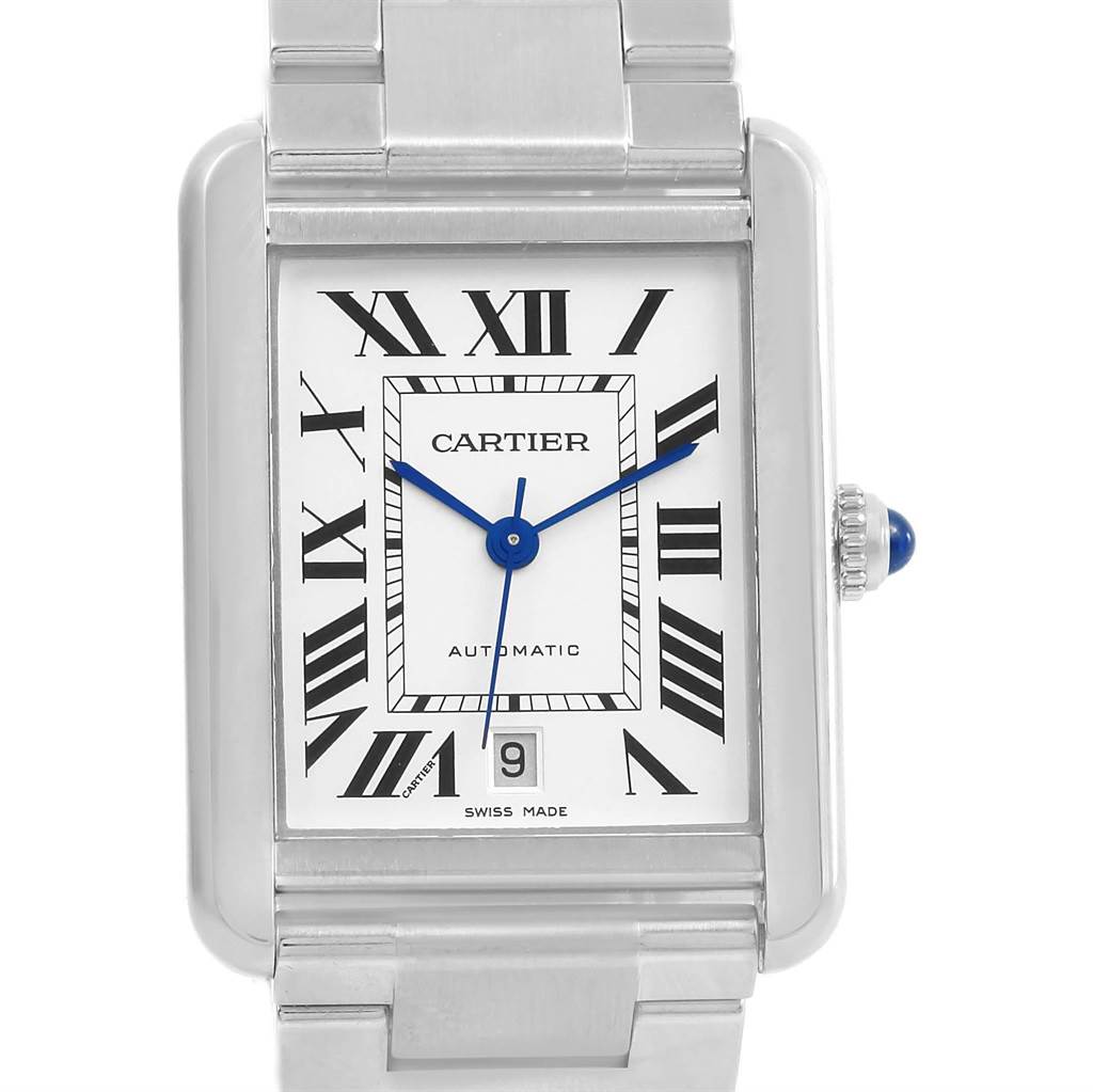 This is a front-facing view of the Cartier Tank Solo W5200028 Men
s Stainless Steel Silver Dial W5200028 Men
s Stainless Steel Silver Dial watch, showcasing its dial, hands, bracelet, and crown.