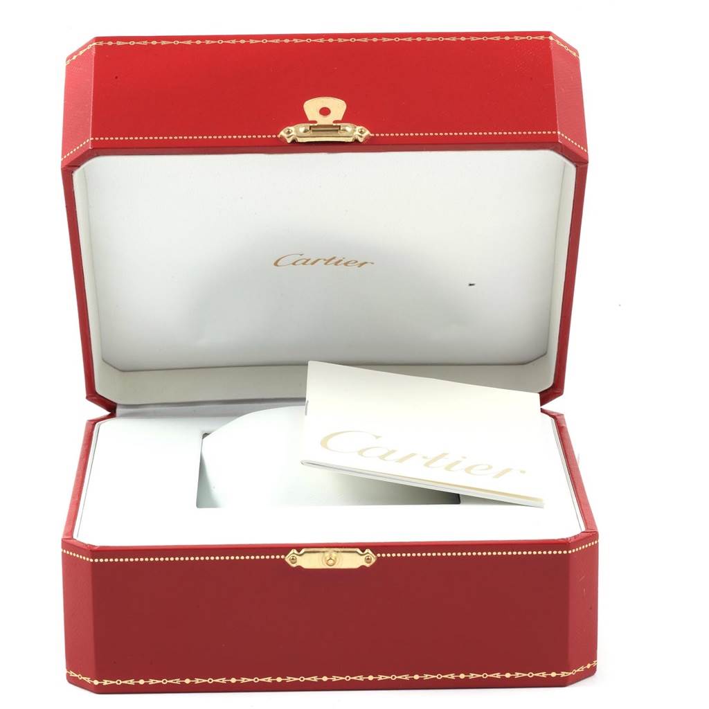 The image shows an open Cartier Tank Solo W5200025 Women's Steel and Gold (two tone) Silver Dial W5200025 Women's Steel and Gold (two tone) Silver Dial watch box with the watch and instruction booklet inside.