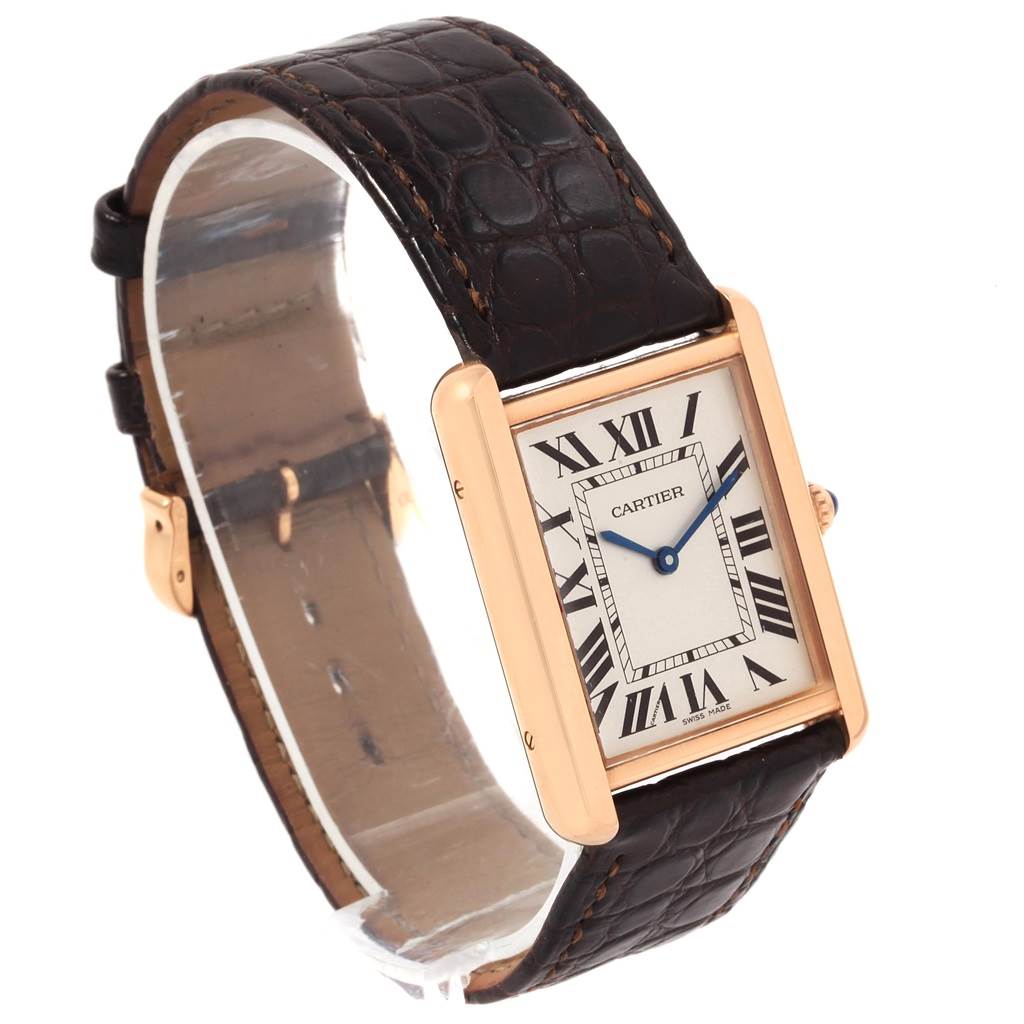 The image shows a Cartier Tank Solo W5200025 Women's Steel and Gold (two tone) Silver Dial W5200025 Women's Steel and Gold (two tone) Silver Dial watch in a three-quarter angle, highlighting its rectangular face and brown leather strap.