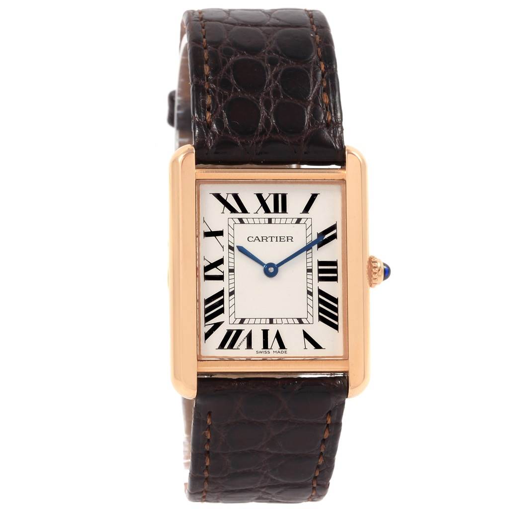 This image shows the Cartier Tank Solo W5200025 Women's Steel and Gold (two tone) Silver Dial W5200025 Women's Steel and Gold (two tone) Silver Dial watch from a front view, highlighting the face, Roman numerals, and strap.