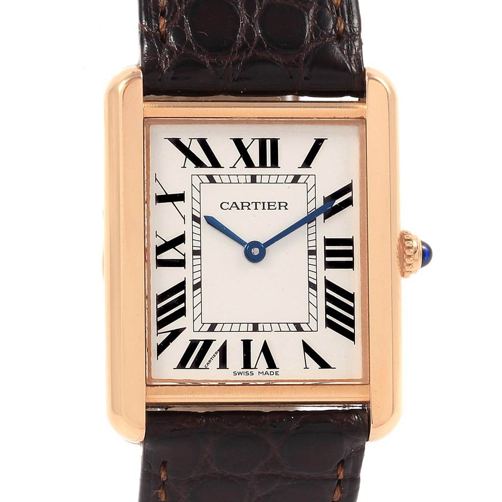 The image shows a front view of the Cartier Tank Solo W5200025 Women's Steel and Gold (two tone) Silver Dial W5200025 Women's Steel and Gold (two tone) Silver Dial watch, highlighting its rectangular dial, Roman numerals, and leather strap.