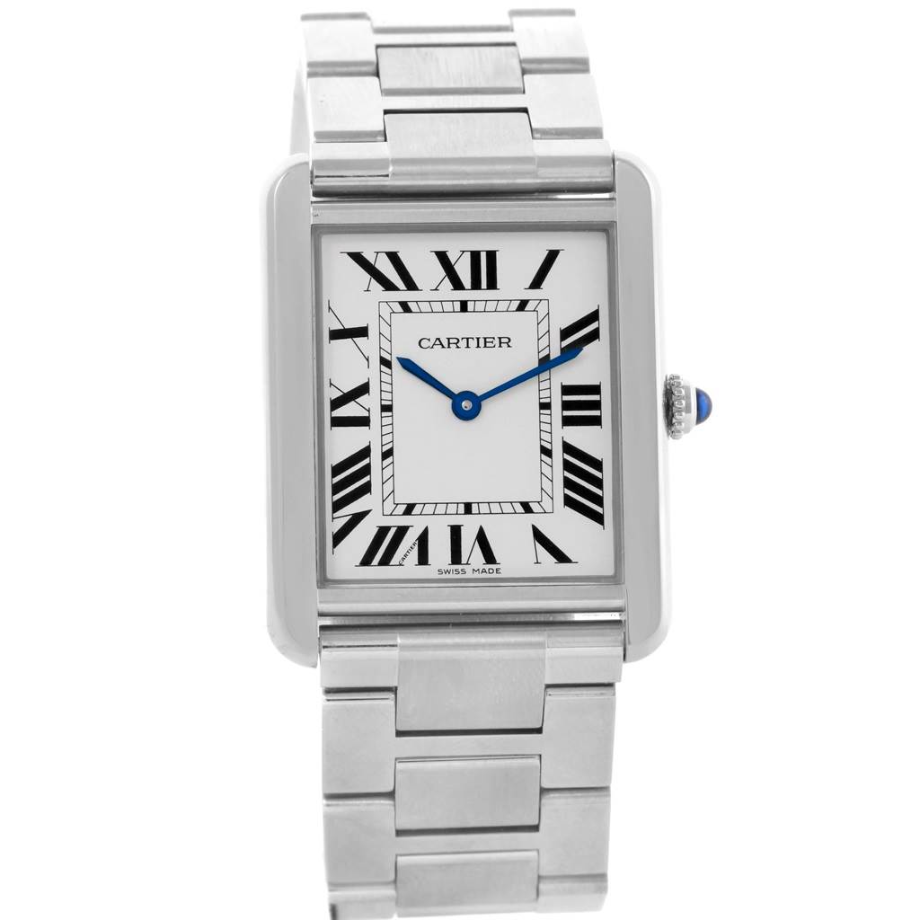 This image shows a frontal view of a Cartier Tank Solo W5200014 Men
s Stainless Steel Silver Dial W5200014 Men
s Stainless Steel Silver Dial watch, including its face, blue hands, Roman numerals, and metal bracelet.