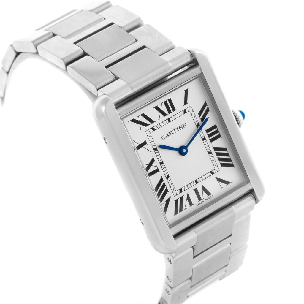 The image shows the Cartier Tank Solo W5200014 Men
s Stainless Steel Silver Dial W5200014 Men
s Stainless Steel Silver Dial watch at an angle, highlighting its rectangular face, Roman numerals, and metal bracelet.