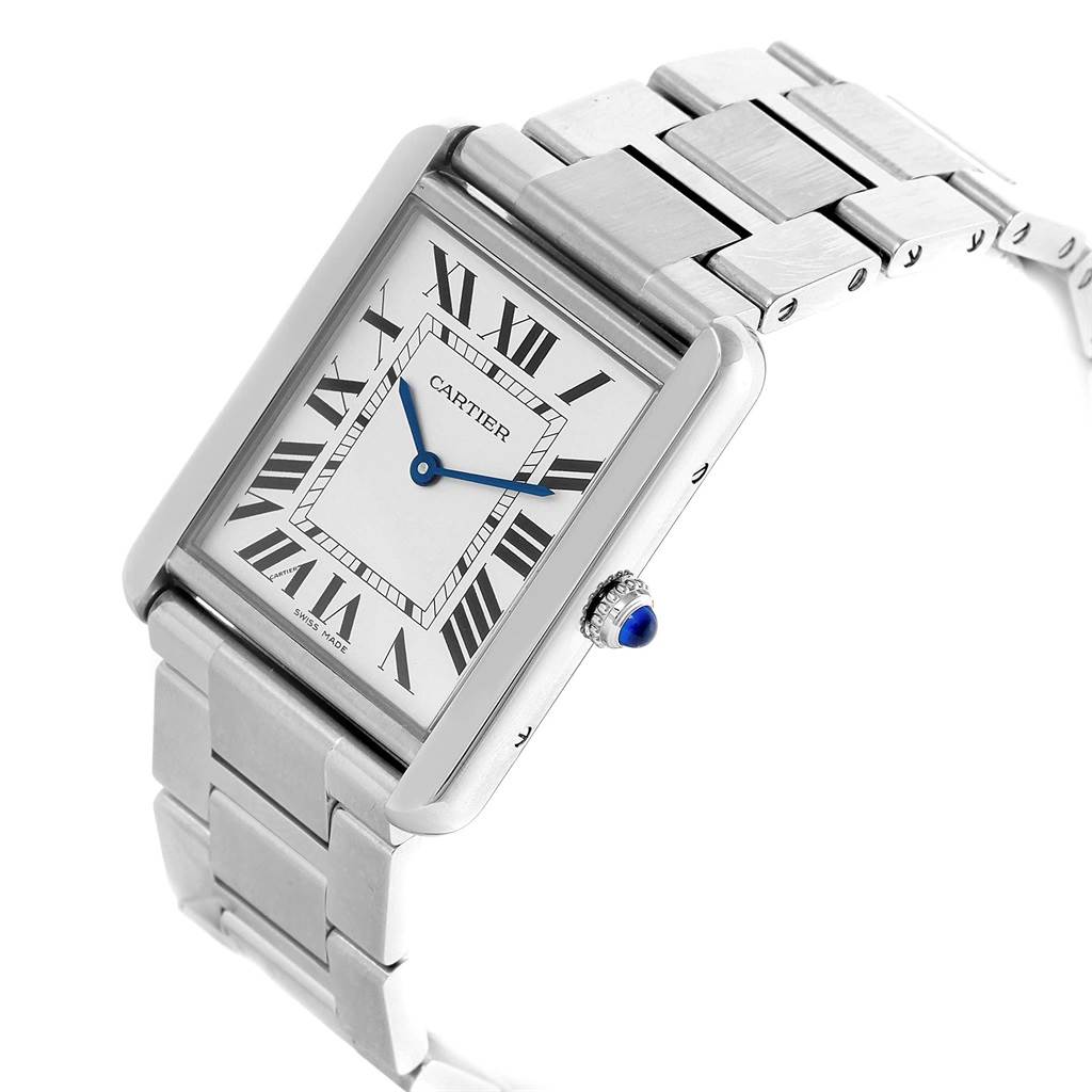 The image shows a Cartier Tank Solo W5200014 Men
s Stainless Steel Silver Dial W5200014 Men
s Stainless Steel Silver Dial watch angled to display its face, side, and part of the metal bracelet.