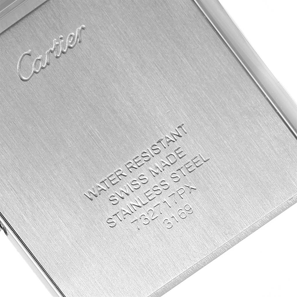 This image shows the back case of a Cartier Tank Solo W5200014 Men
s Stainless Steel Silver Dial W5200014 Men
s Stainless Steel Silver Dial watch, displaying engravings about water resistance and manufacturing details.