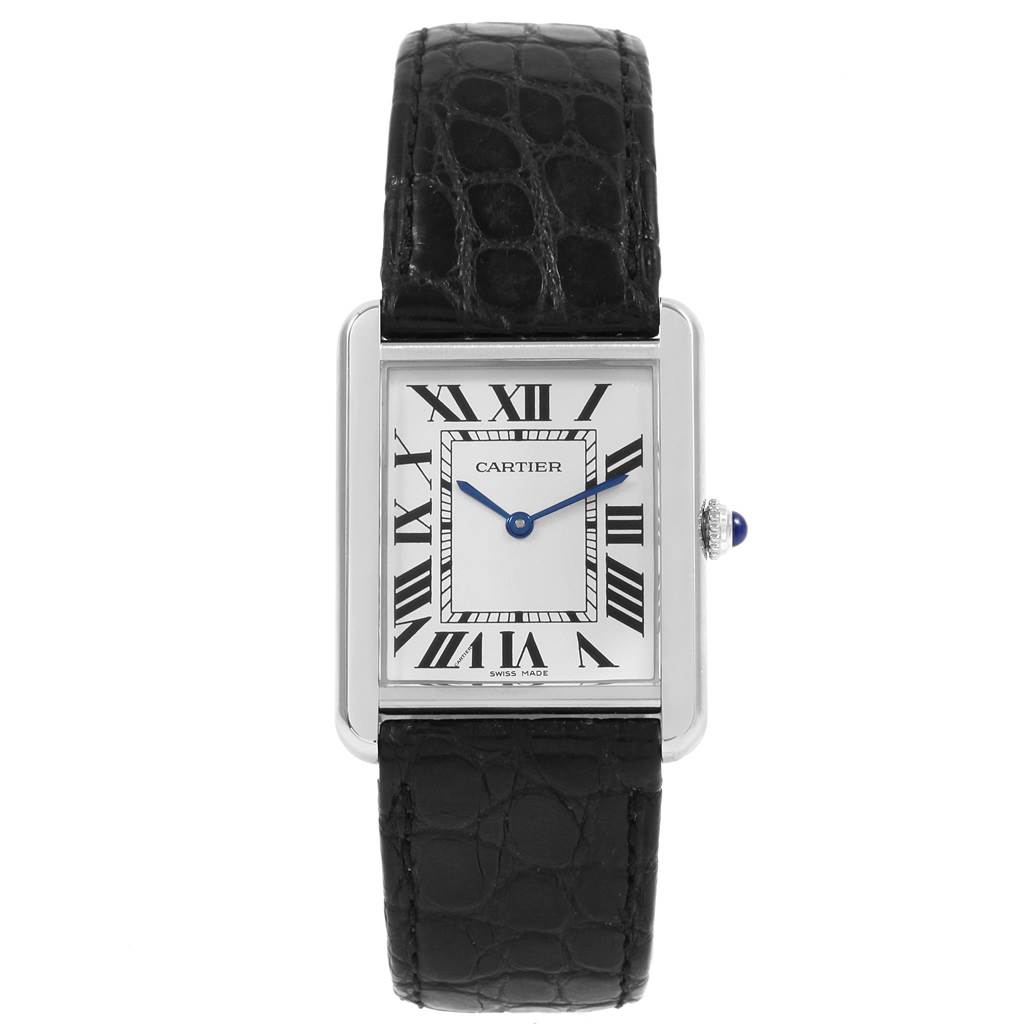 The image shows a front view of the Cartier Tank Solo W1018355 Men
s Stainless Steel Silver Dial W1018355 Men
s Stainless Steel Silver Dial watch featuring its face, Roman numerals, and a black leather strap.