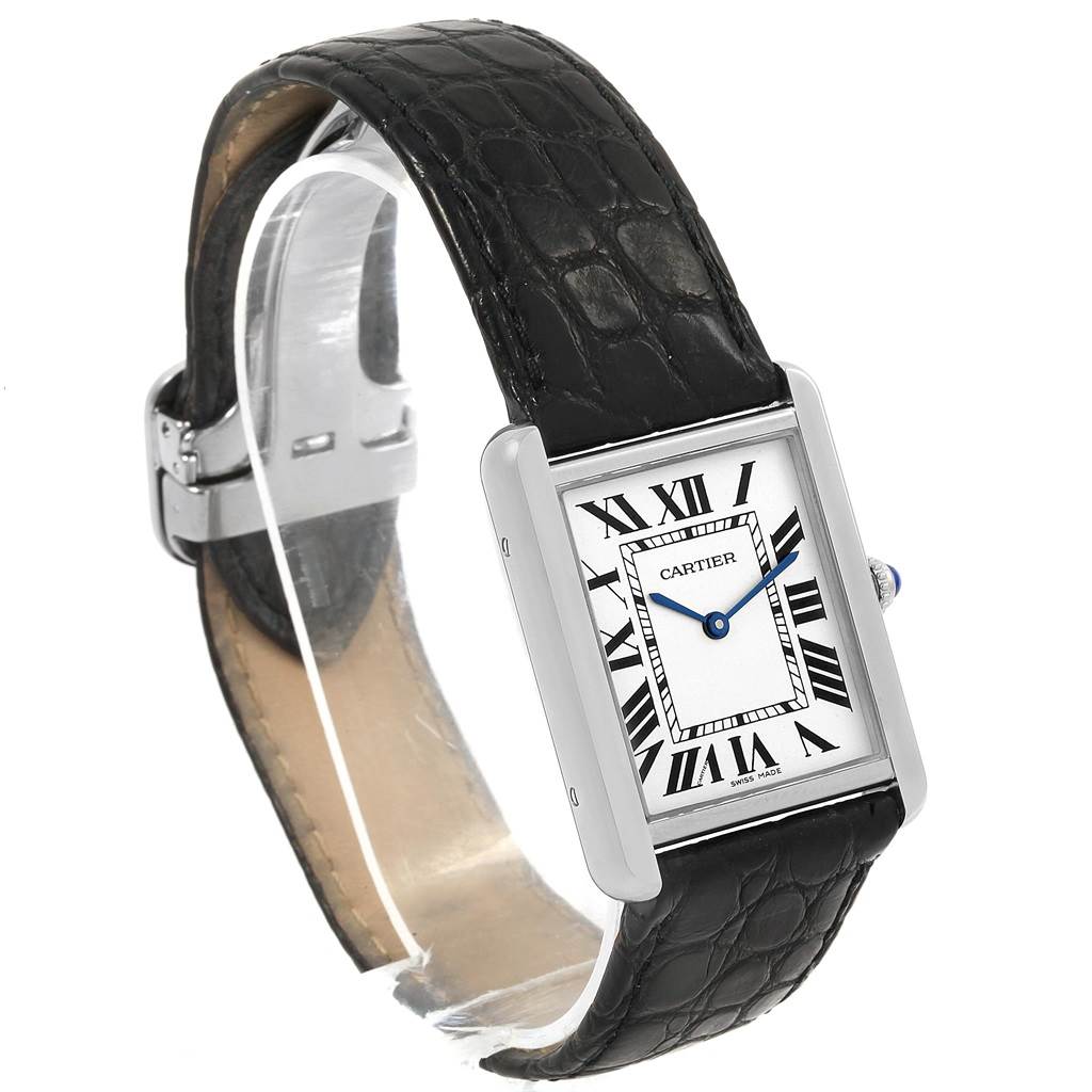 The Cartier Tank Solo W1018355 Men
s Stainless Steel Silver Dial W1018355 Men
s Stainless Steel Silver Dial watch is displayed at a slight front angle, showcasing the face, strap, and buckle.