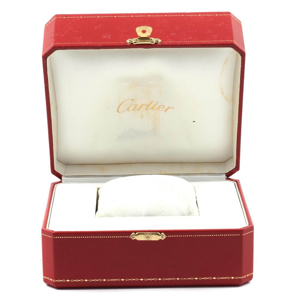 This image shows an open Cartier watch box for the Tank Solo model, displaying the interior.