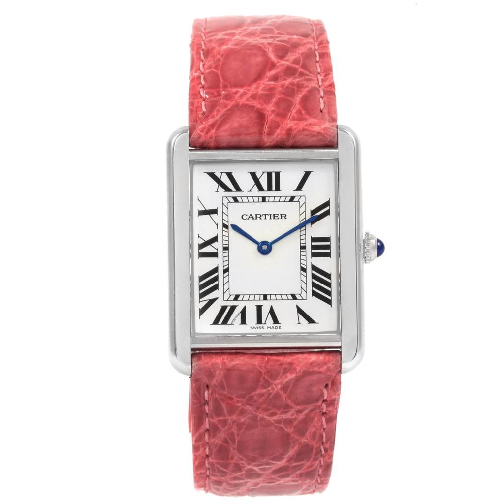 This Cartier Tank Solo W1018355 Men
s Stainless Steel Silver Dial W1018355 Men
s Stainless Steel Silver Dial watch is shown from the front, highlighting its rectangular dial, Roman numerals, and red leather strap.