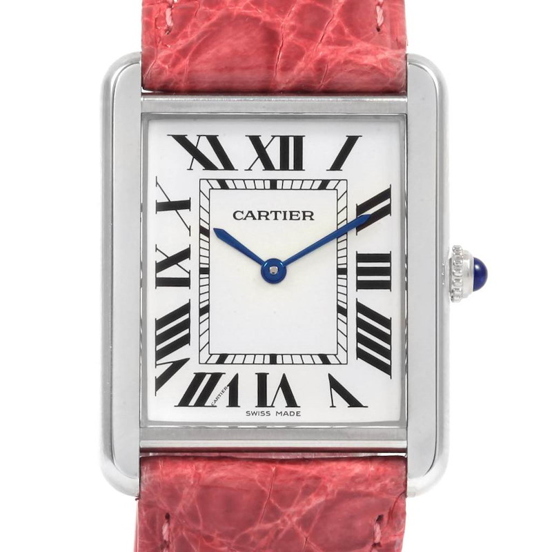 Cartier Tank Solo Steel Silver Dial Pink Strap Unisex Watch W1018355 SwissWatchExpo