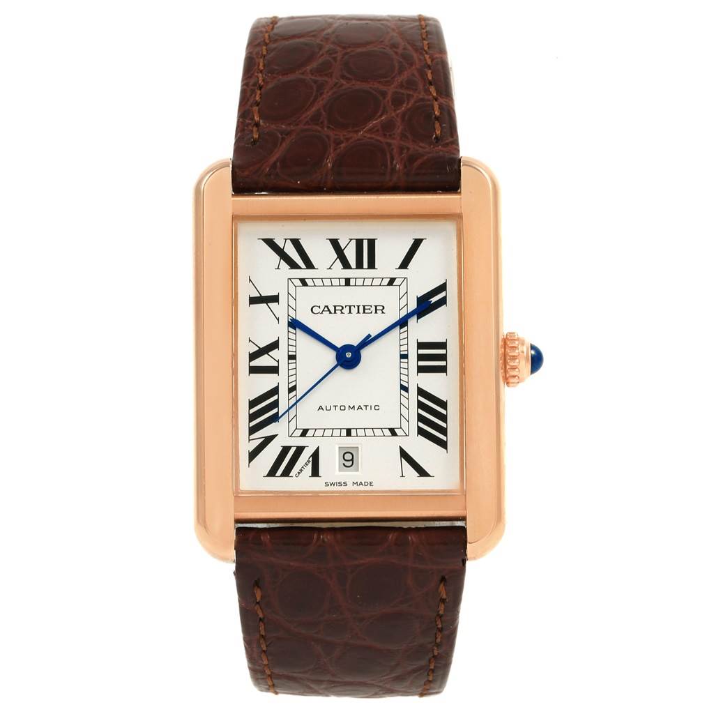 The Cartier Tank Solo W5200026 Men
s Steel and Gold (two tone) Silver Dial W5200026 Men
s Steel and Gold (two tone) Silver Dial watch is shown from a top-down angle, featuring its dial, case, crown, and leather strap.