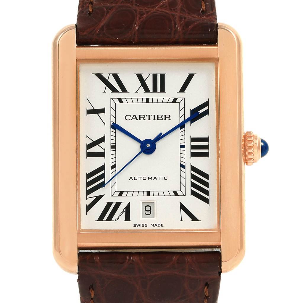 The image shows a front view of the Cartier Tank Solo W5200026 Men
s Steel and Gold (two tone) Silver Dial W5200026 Men
s Steel and Gold (two tone) Silver Dial watch, highlighting its dial, case, crown, and part of the strap.