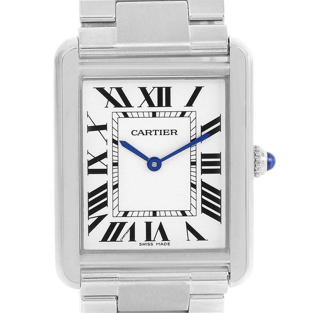 The image shows a frontal view of the Cartier Tank Solo W5200014 Men
s Stainless Steel Silver Dial W5200014 Men
s Stainless Steel Silver Dial watch, highlighting its rectangular face, Roman numerals, and stainless steel bracelet.