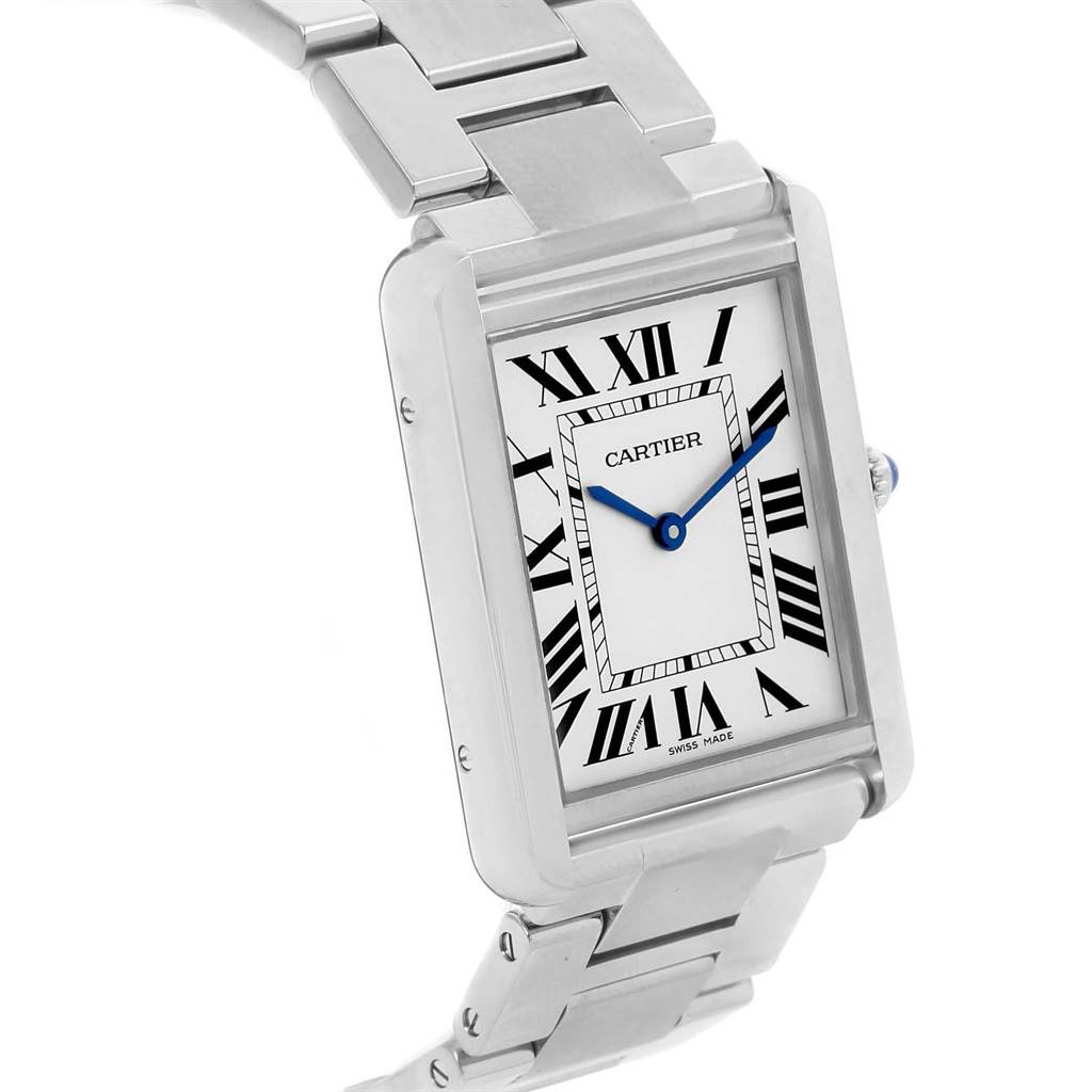 The image shows a Cartier Tank Solo W5200014 Men
s Stainless Steel Silver Dial W5200014 Men
s Stainless Steel Silver Dial watch at a slight angle, highlighting its rectangular face, Roman numerals, and stainless steel bracelet.