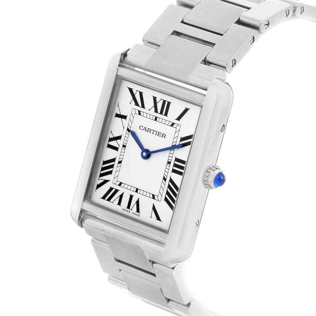 The image shows a close-up view of the Cartier Tank Solo W5200014 Men
s Stainless Steel Silver Dial W5200014 Men
s Stainless Steel Silver Dial watch face and stainless steel bracelet at a slight angle.
