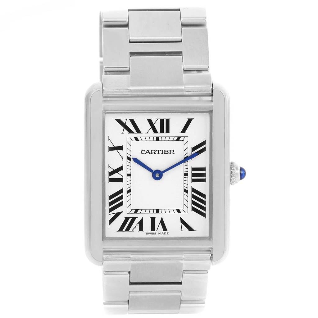 This image shows a frontal view of the Cartier Tank Solo W5200014 Men
s Stainless Steel Silver Dial W5200014 Men
s Stainless Steel Silver Dial watch, highlighting its rectangular case, Roman numerals, and metal bracelet.