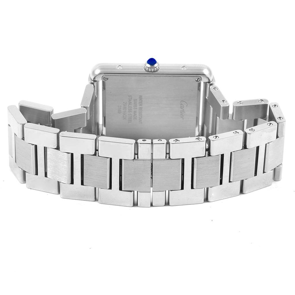 The image shows the back view of a Cartier Tank Solo W5200014 Men
s Stainless Steel Silver Dial W5200014 Men
s Stainless Steel Silver Dial watch, focusing on its stainless steel case and metal bracelet.