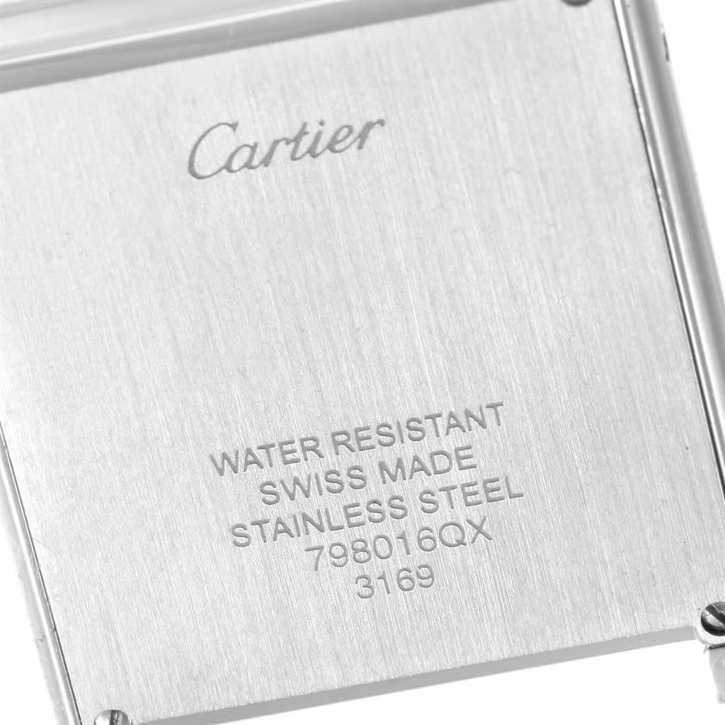 This image shows the back case of a Cartier Tank Solo W5200014 Men
s Stainless Steel Silver Dial W5200014 Men
s Stainless Steel Silver Dial watch, displaying branding and specifications.