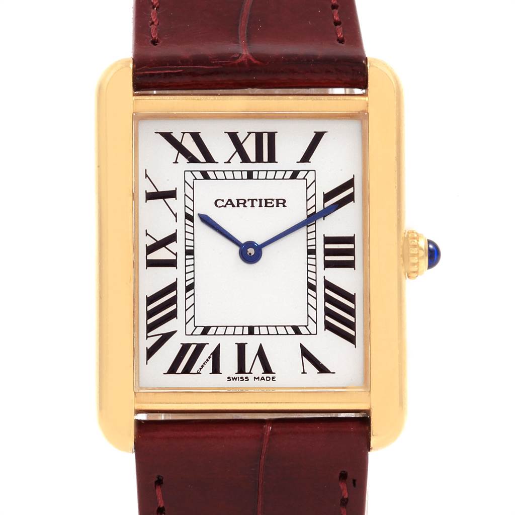 The image shows a front view of the Cartier Tank Solo W1018855 Men
s Steel and Gold (two tone) Silver Dial W1018855 Men
s Steel and Gold (two tone) Silver Dial watch, highlighting the face, Roman numerals, and leather strap.