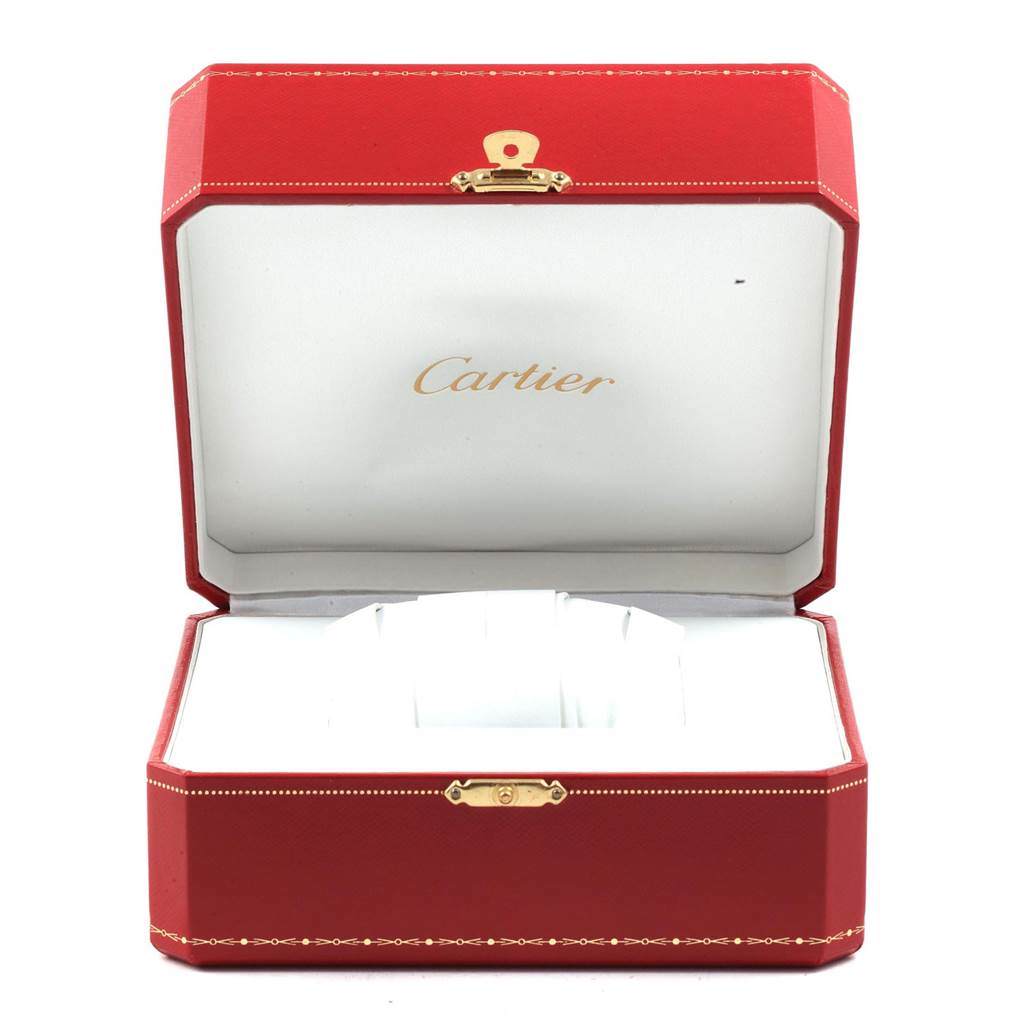 The image shows an open red box for the Cartier Tank Solo W1018855 Men
s Steel and Gold (two tone) Silver Dial W1018855 Men
s Steel and Gold (two tone) Silver Dial model watch, displaying its interior with the brand
s name.
