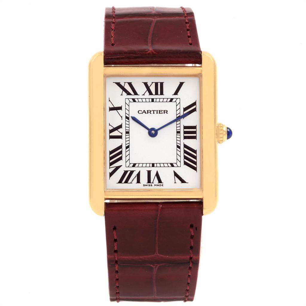 This image shows the front view of the Cartier Tank Solo W1018855 Men
s Steel and Gold (two tone) Silver Dial W1018855 Men
s Steel and Gold (two tone) Silver Dial watch, highlighting its rectangular face, gold case, and brown leather strap.