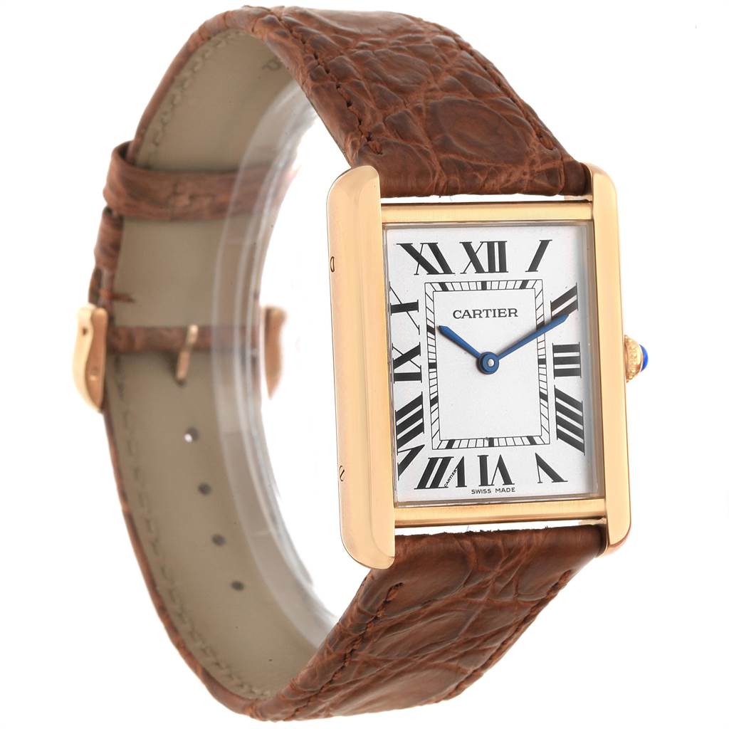 The image shows a Cartier Tank Solo W1018855 Men
s Steel and Gold (two tone) Silver Dial W1018855 Men
s Steel and Gold (two tone) Silver Dial watch at a three-quarter angle, displaying the Roman numeral dial, hands, and brown leather strap.