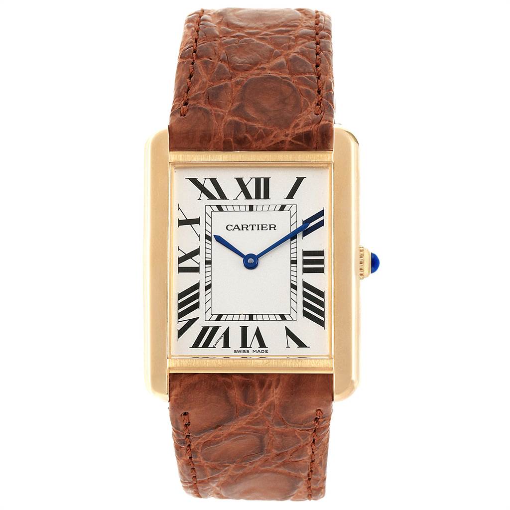 This image shows a front view of the Cartier Tank Solo W1018855 Men
s Steel and Gold (two tone) Silver Dial W1018855 Men
s Steel and Gold (two tone) Silver Dial watch, featuring its face and leather strap.