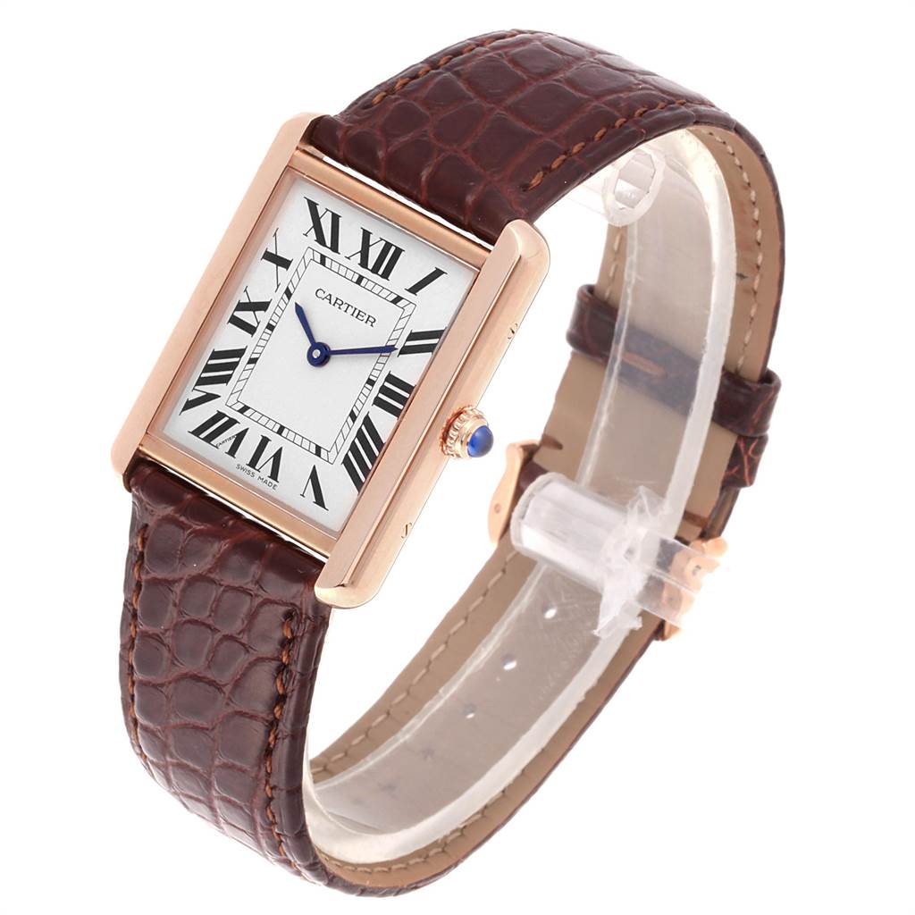 This image shows a Cartier Tank Solo W5200025 Men
s Steel and Gold (two tone) Silver Dial W5200025 Men
s Steel and Gold (two tone) Silver Dial watch at an angled view, displaying its rectangular dial, Roman numerals, and leather strap.