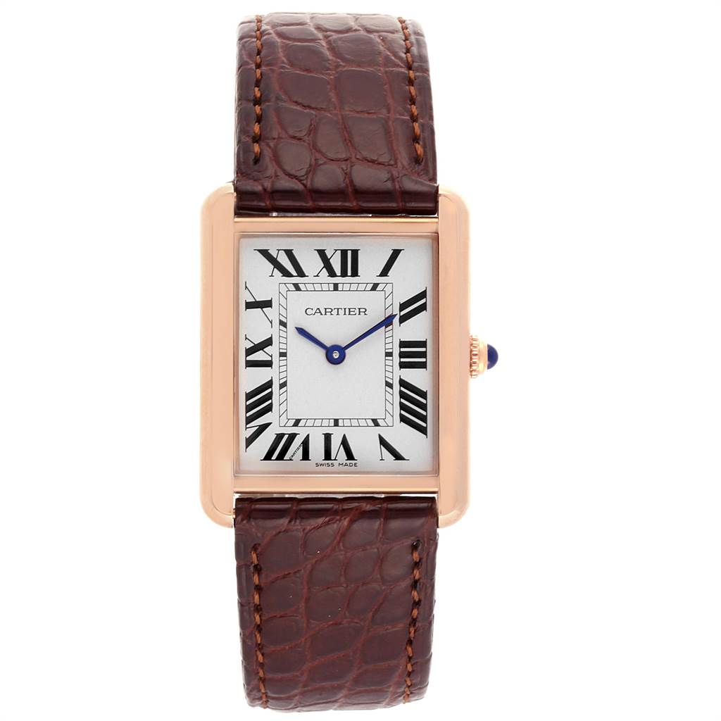 The Cartier Tank Solo W5200025 Men
s Steel and Gold (two tone) Silver Dial W5200025 Men
s Steel and Gold (two tone) Silver Dial watch is shown from a front angle, displaying its rectangular face, Roman numerals, blue hands, and brown leather strap.