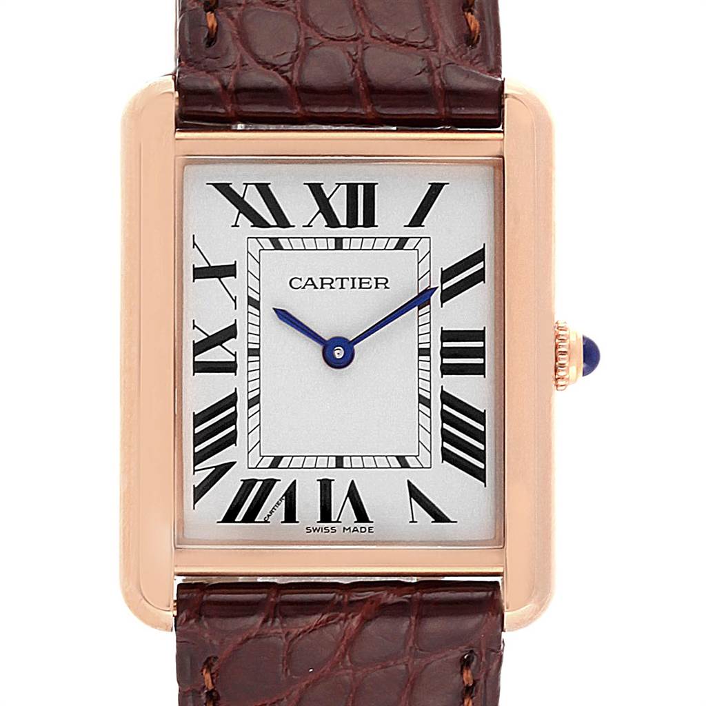The Cartier Tank Solo W5200025 Men
s Steel and Gold (two tone) Silver Dial W5200025 Men
s Steel and Gold (two tone) Silver Dial watch is shown from the front, featuring the dial, case, and part of the leather strap.