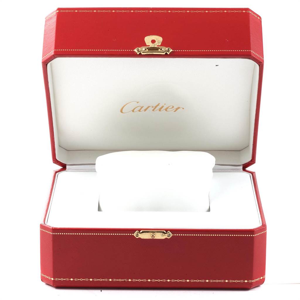 This image shows an open Cartier watch box for the Tank Solo model, featuring a red exterior and a white interior.