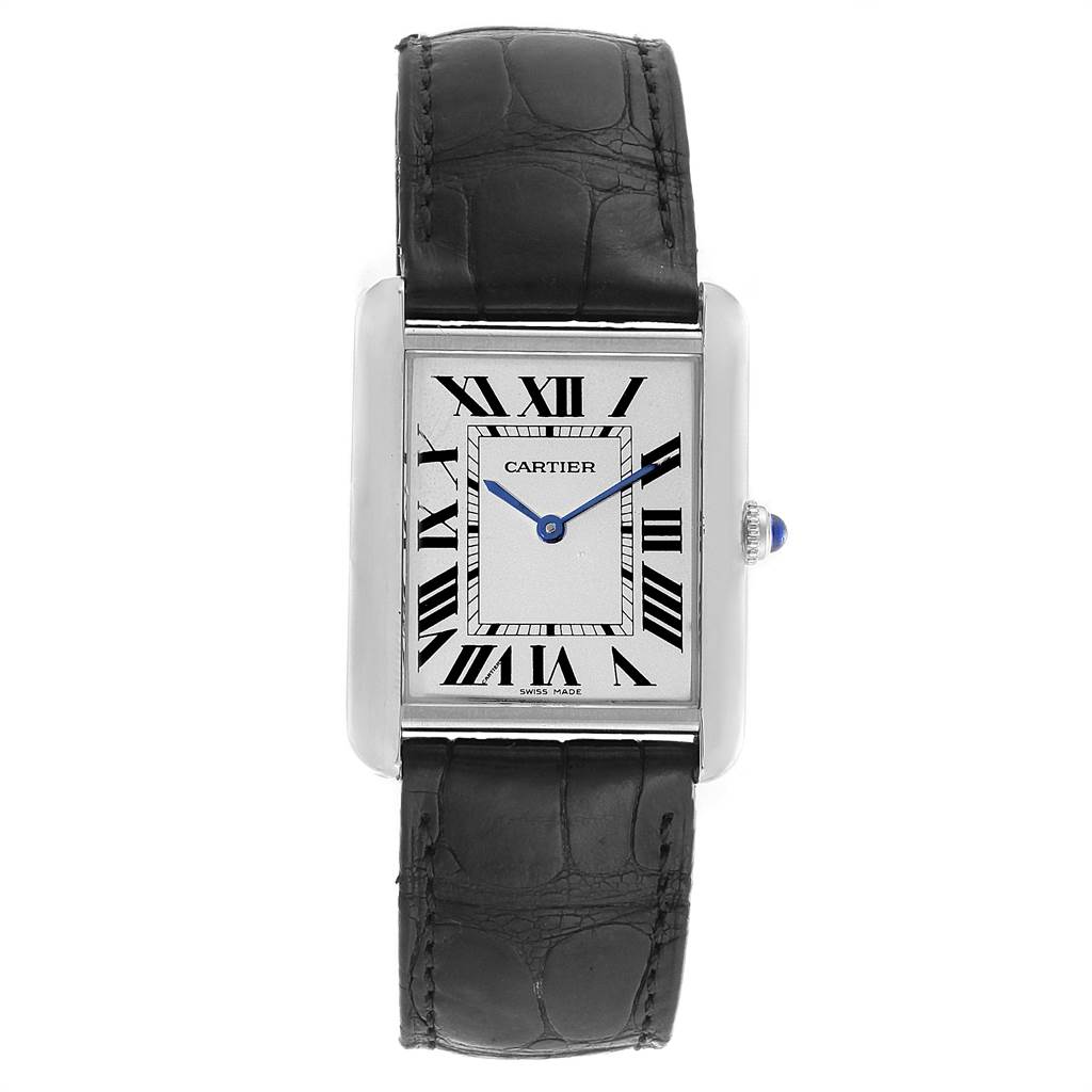 This is a front view of the Cartier Tank Solo W1018355 Men's Stainless Steel Silver Dial W1018355 Men's Stainless Steel Silver Dial watch, showing the face, leather strap, Roman numerals, and blue hands.